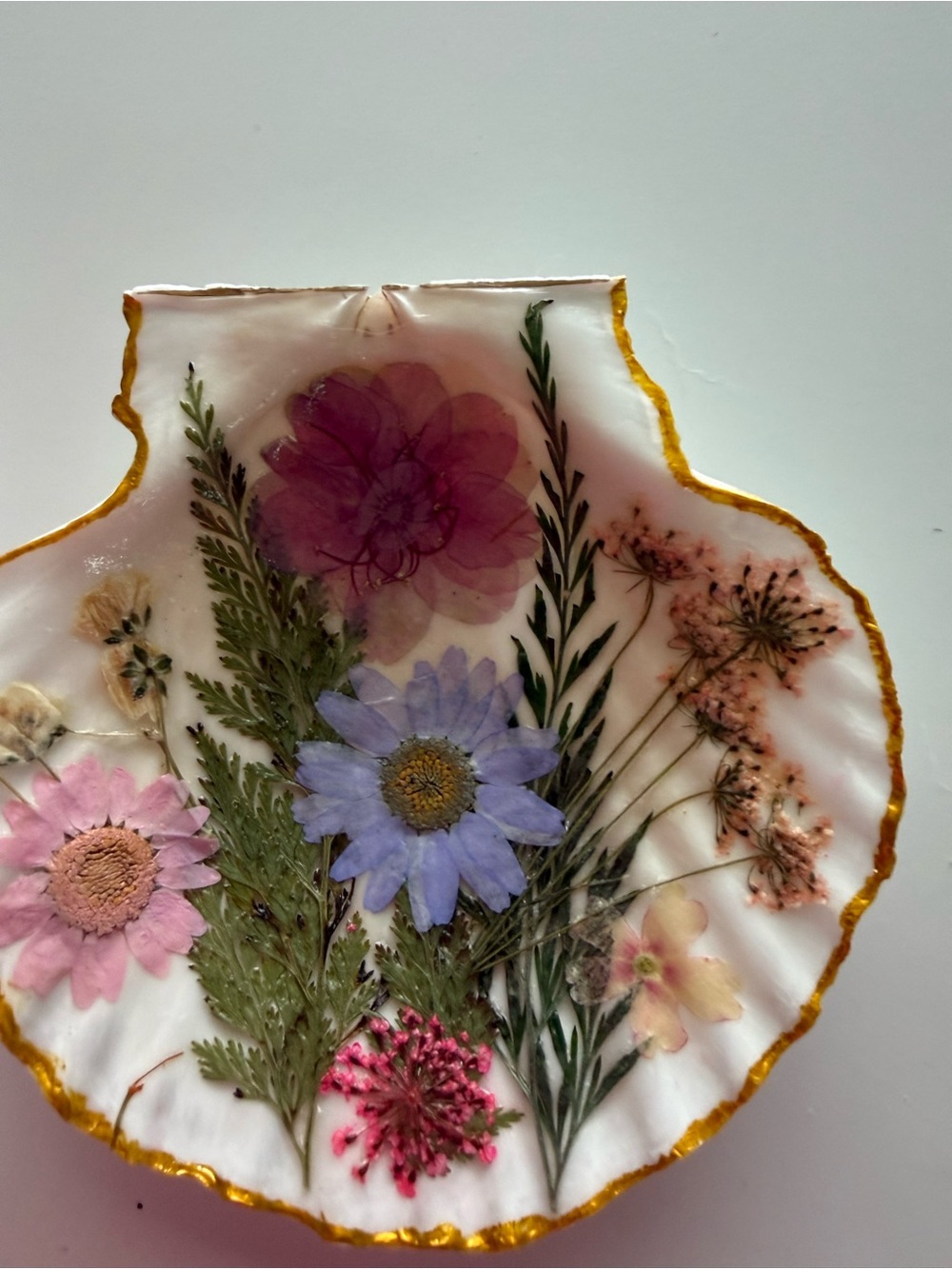 Handmade White decoupage Shell Art with Pressed Floral Design